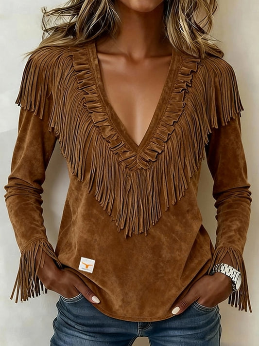 Women's Shirt Blouse Long Sleeve Tops Tassel Fringe Plain