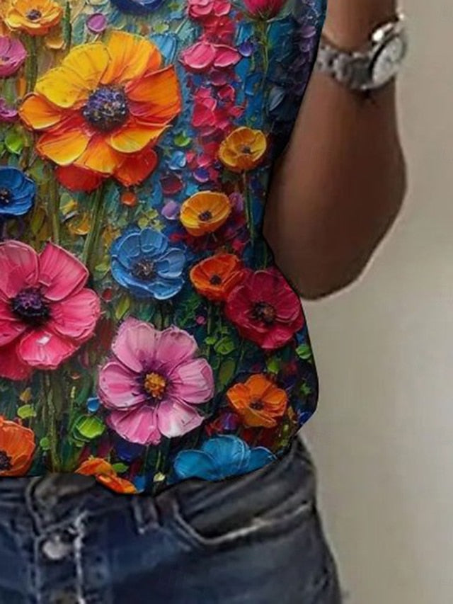 Women's T Shirt Print Floral Color Block Casual Short