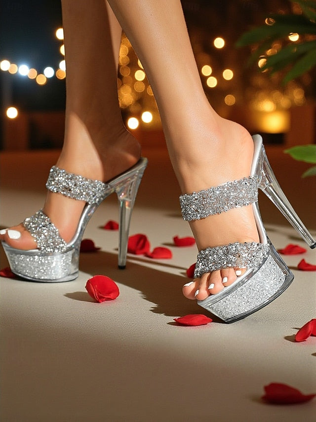 Women's Glitter High - Rhinestone Mules Platform Peep Heel