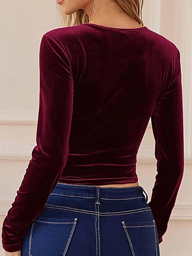 Women's Velvet Elegant Dressy Blouse Ruched Plain Elegant