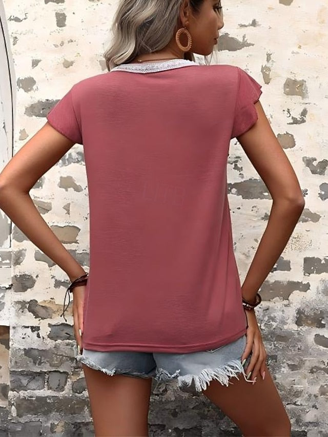 Women's T Shirt Quarter Button Tee Lace Vintage Stylish
