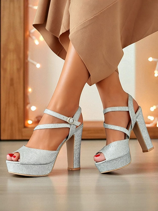 Heel Strap High with Platform Glitter Sandals Women's Ankle