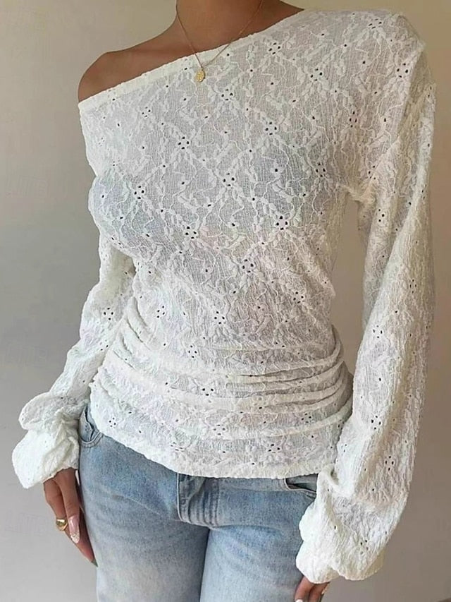 Women's T Shirt Lace Splicing Top Lace Plain Casual Long