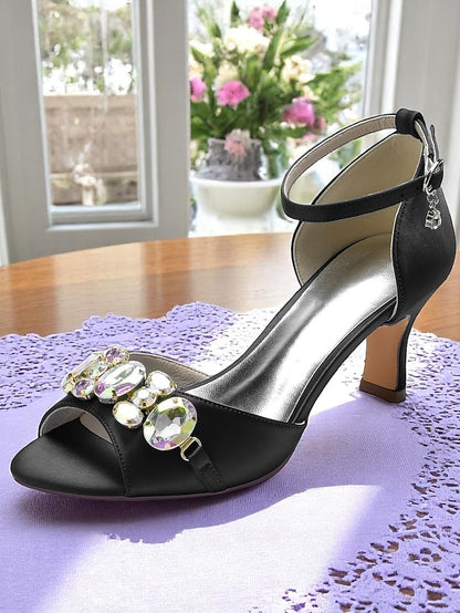 Strap Ankle Satin Women's Toe and with Open Heels Black