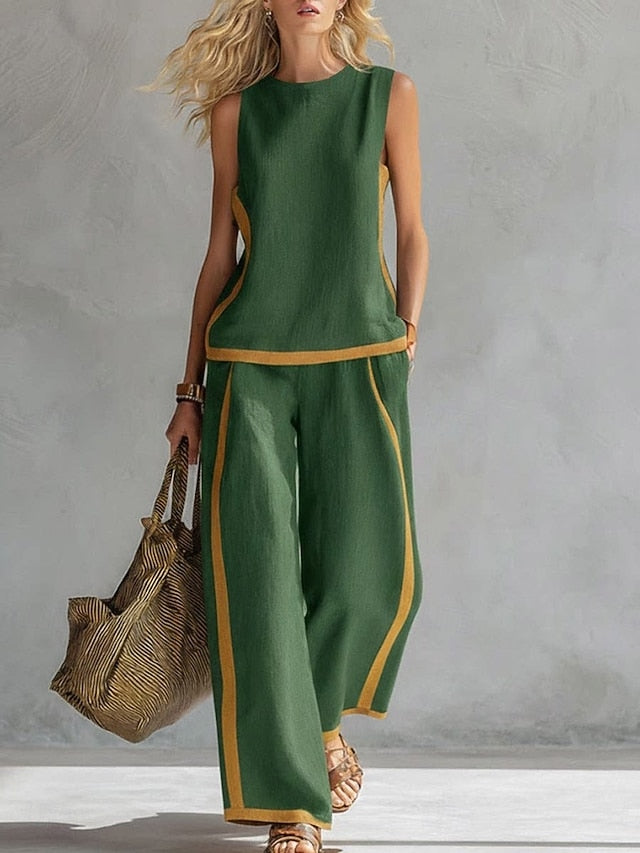 Women's Pants Sets Sleeveless Round Neck Striped Fashion