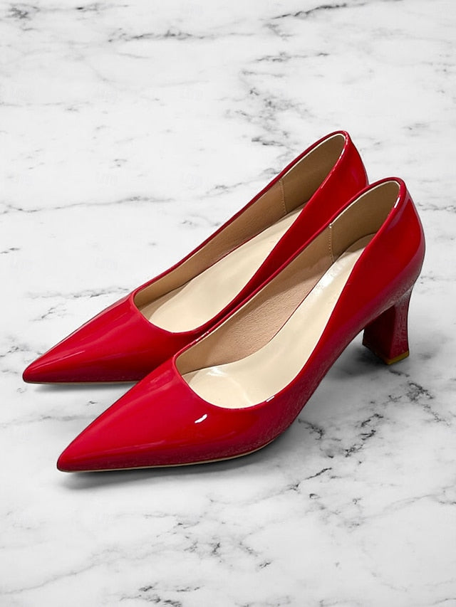 Green Leather Glossy Pumps Patent Heel Faux Block Pointed-Toe