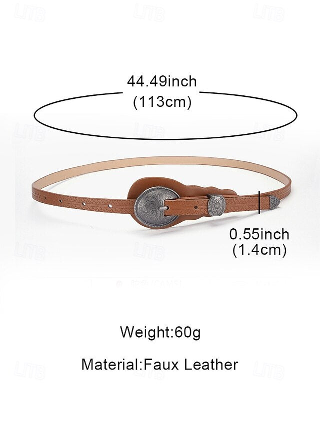 Leather Vintage Women's Faux Belt with Carved Western Waist
