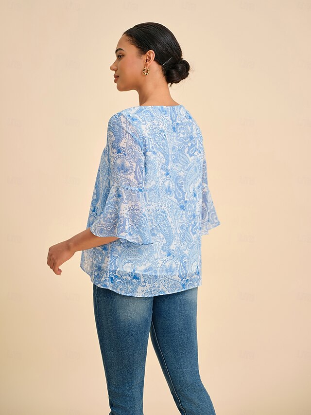 Women's Female Paisley Casual Sky Blue 3/4 Sleeve Elegant
