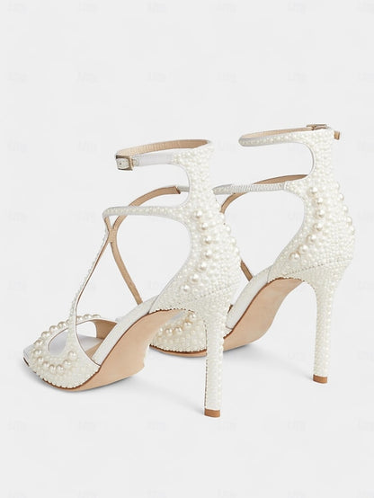 Stiletto Sandals Pearl-Embellished White Open-Toe with Ankle