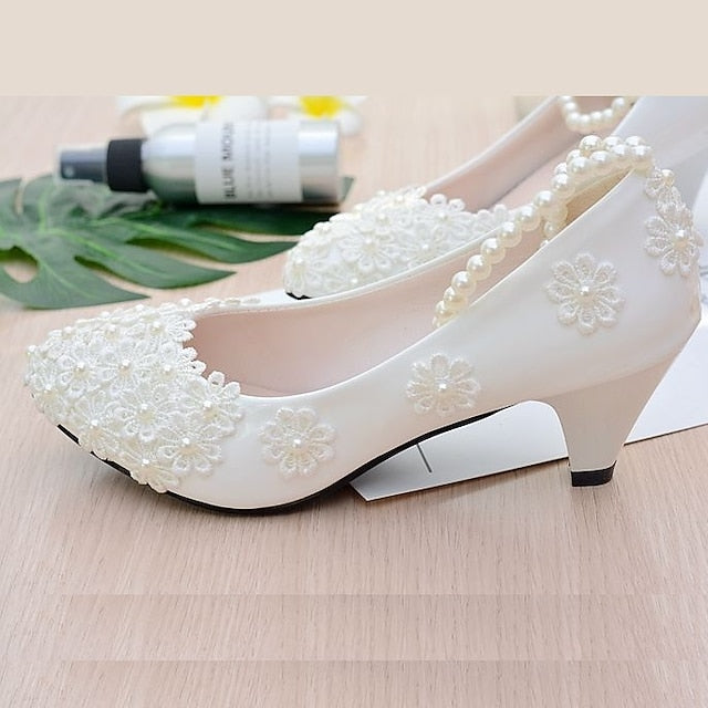 Heels Decorated Floral – White Wedding Pearl Women's Lace