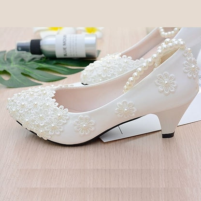 Heels Decorated Floral – White Wedding Pearl Women's Lace