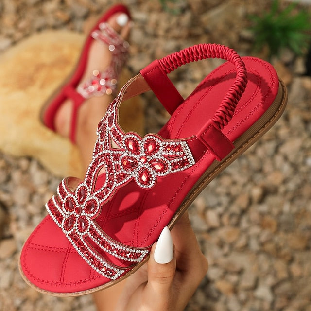 Boho Silver – Rhinestone Sandals Flat T-Strap Women's