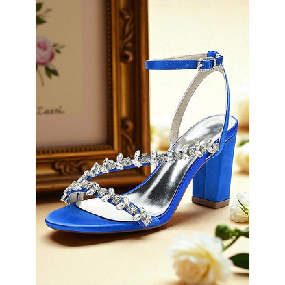 Rhinestone Women's Straps Block Heel - White Sandals with