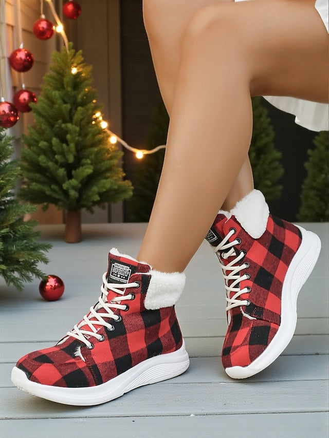 Women's Red Plaid Christmas Lace-up Booties with Faux Fur