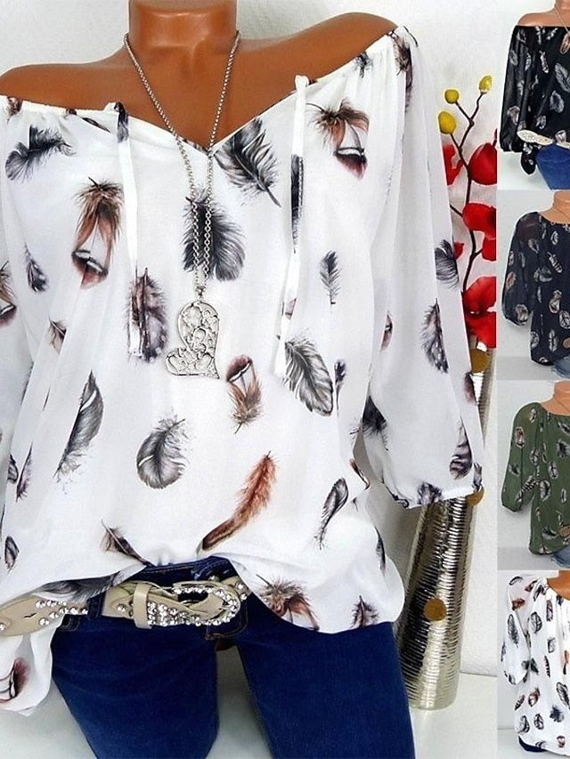 Women's Bohemian Blouse Feather Print Long Sleeve V-Neck