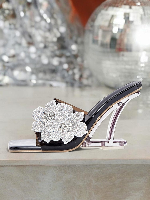 Flower Black Women's Mules Rhinestone with Leather Patent