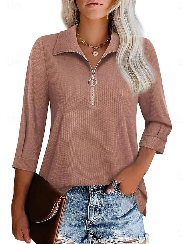 Women's Polo Shirts Patchwork Zipper Solid Color Basic