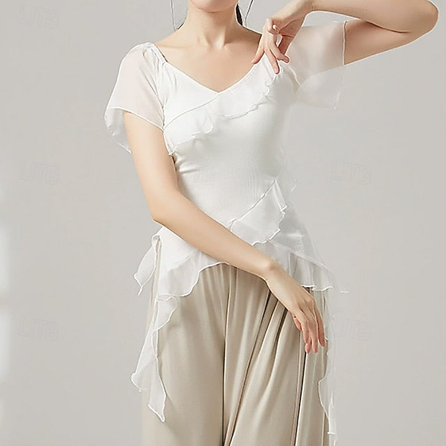 Activewear Top Ruffles Pure Color Splicing Women's