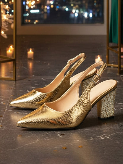 Pointed - Slingback Gold with Toe Heel Pumps Women's Block