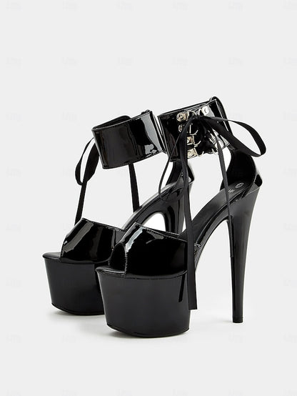 Straps Black Patent Leather Lace-Up Sandals Ankle Platform with