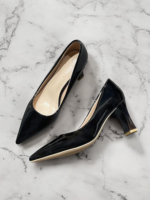 Green Leather Glossy Pumps Patent Heel Faux Block Pointed-Toe