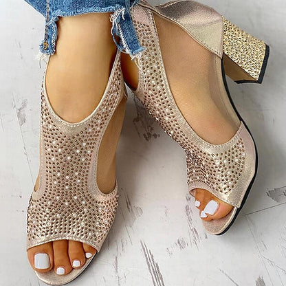 Elegant Women's Gold Heeled with Glitter Peep Sandals Toe