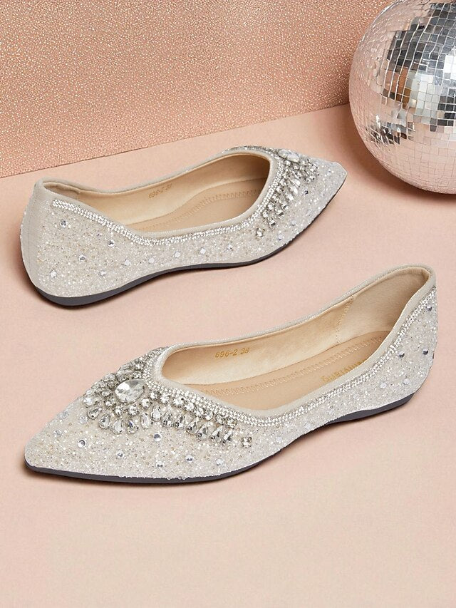 with Toe Glitter Flats Pointed Crystal Women's Silver