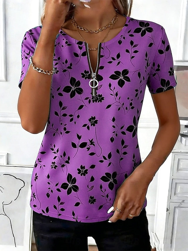 Women's T Shirt Zipper Floral Graphic Plants Stylish