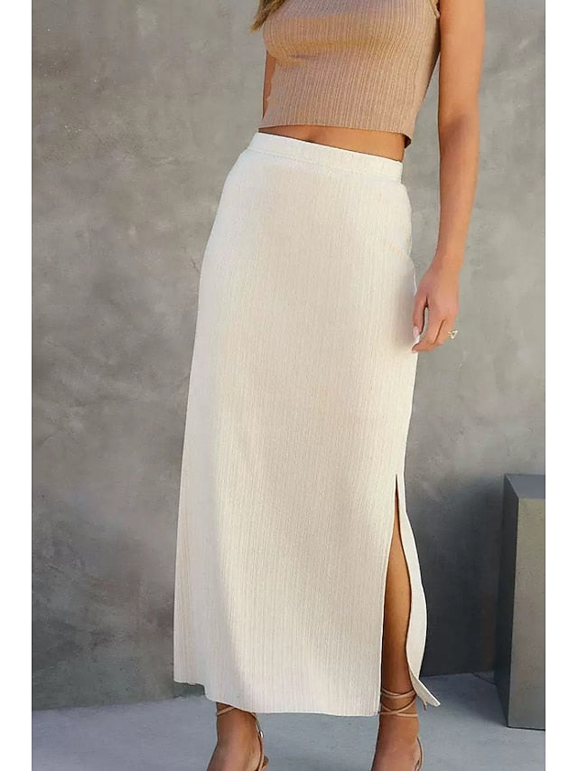 Women's Casual Midi Mid Rise Skirts Plain Split Ends