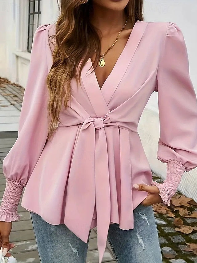 Women's Blouse Dressy Tops Ruched Lace up Tunic Solid Color
