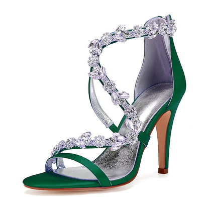 High Heel Women's Sandals with Satin Pink Floral Rhinestone