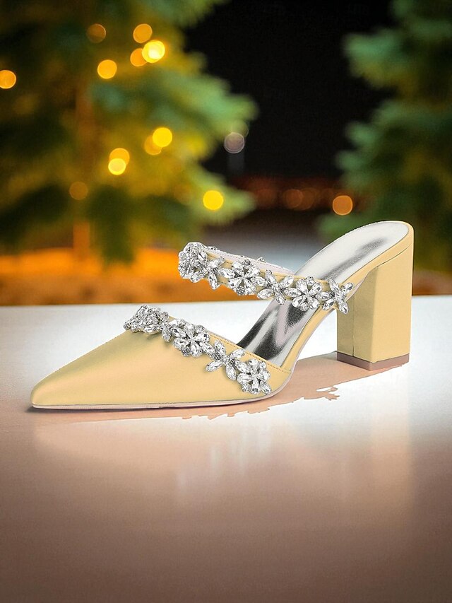 Black Satin Women's Rhinestone Mules Floral with Block Heel