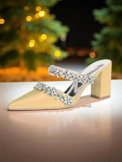 Black Satin Women's Rhinestone Mules Floral with Block Heel