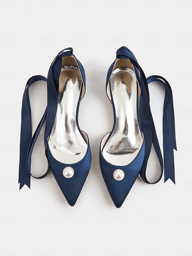 Satin Toe Embellished Pearl - Flats Pointed Women's Navy