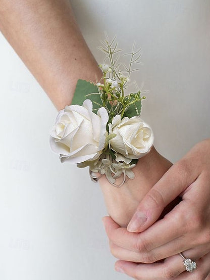 Set Corsage and Boutonniere – Wrist Elegant White Rose