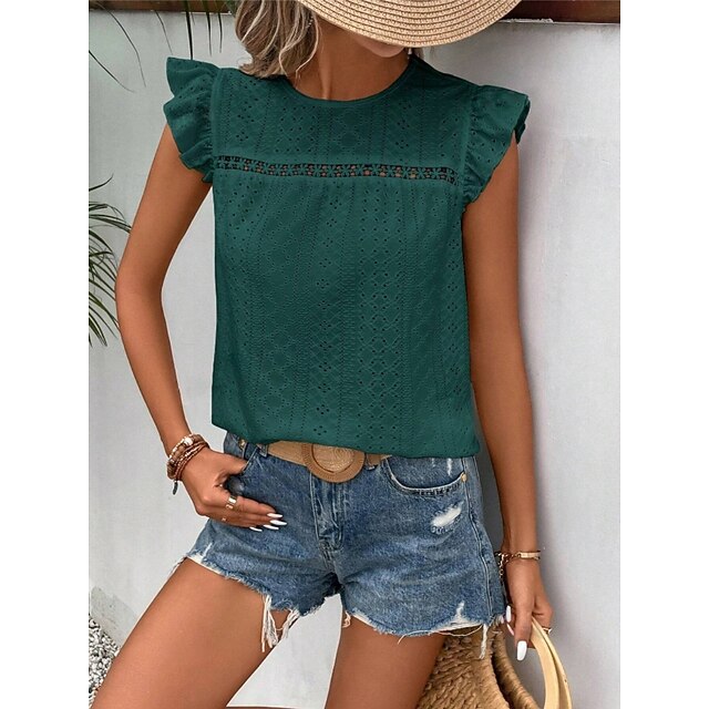 Women's T Shirt Tee Top Ruffle Eyelet Plain Fashion Stylish