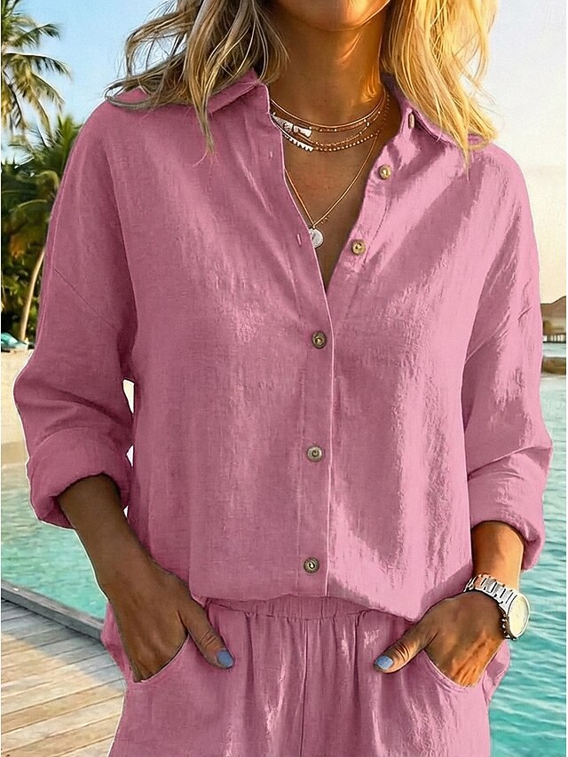 Women's Shirt Button Up Blouse Solid Color Basic Casual
