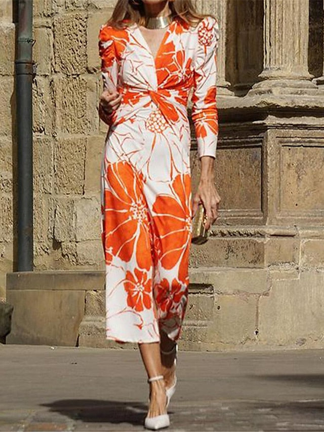 Women's Formal Dress Floral Print V Neck Midi Dress Stylish