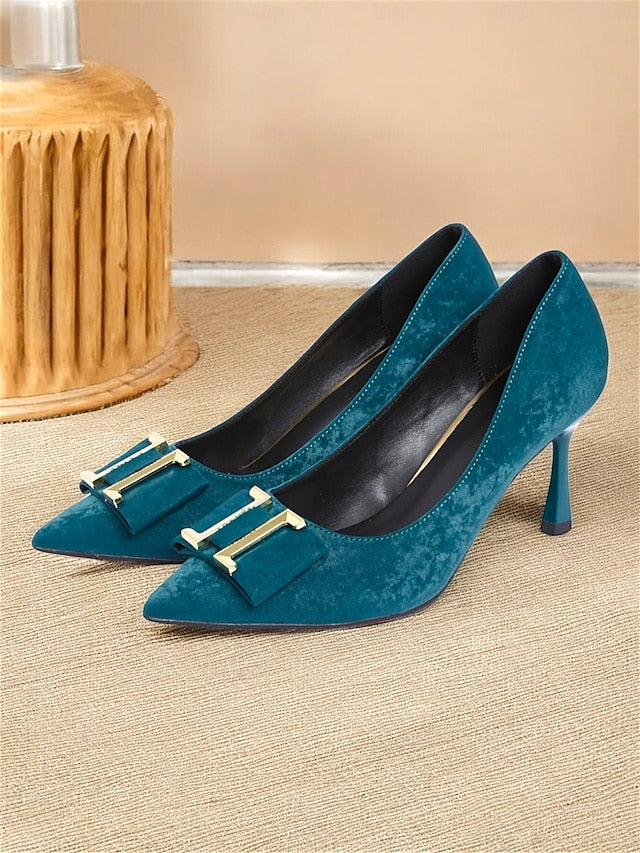 Pointed Teal - Women's Pumps Velvet Elegant Heel Kitten Toe