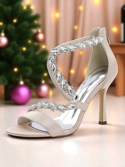 - High White Strappy Rhinestone Women's Sandals Heel