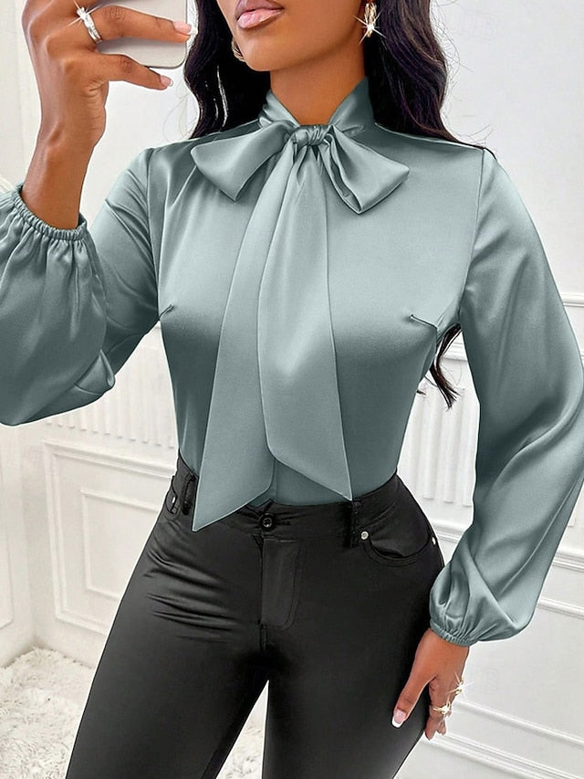 Women's Shirt Elegant Dressy Satin Top Bow Solid Color