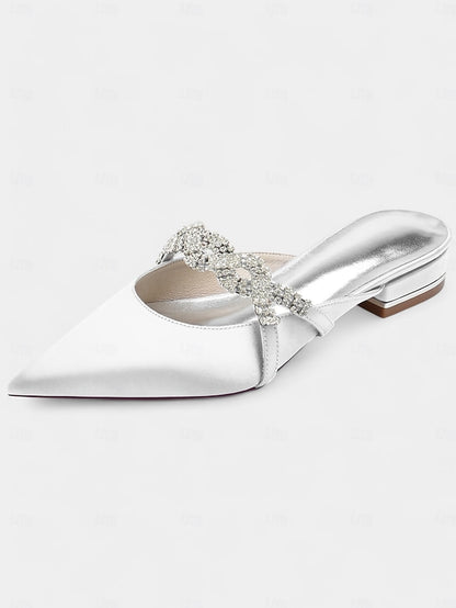 Pointed-Toe - Detailing with Mule Blue Heels Satin Rhinestone