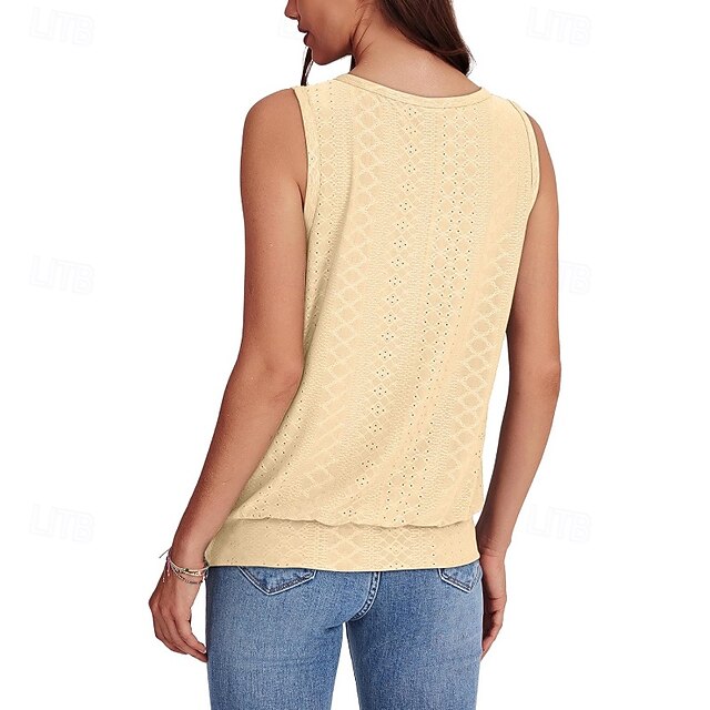 Women's T Shirt Eyelet Solid Color Casual Sleeveless Crew