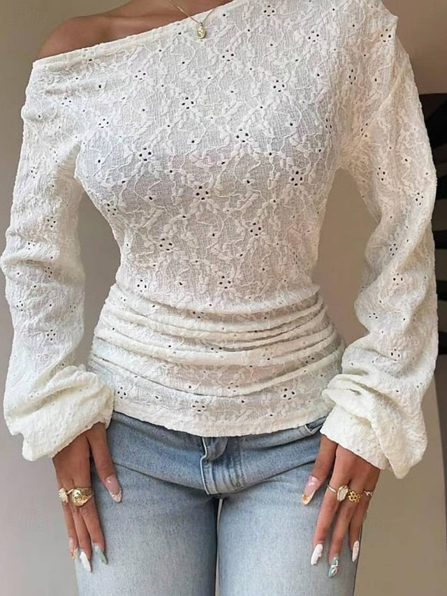 Women's T Shirt Lace Splicing Top Lace Plain Casual Long