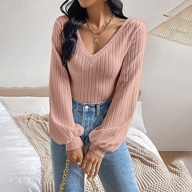 Women's Cable Knit T-Shirt Solid Color Cute Stylish Casual