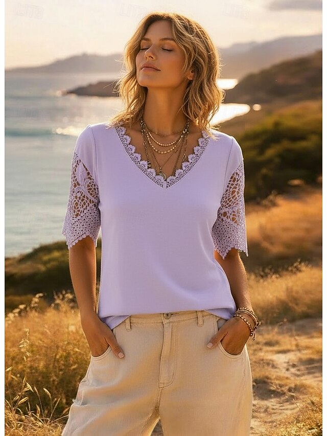 Women's T Shirt Lace Patchwork Eyelet Plain Fashion Modern