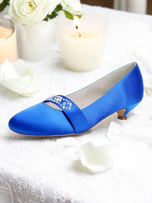 with Kitten Heels Women's Blue Satin Rhinestone