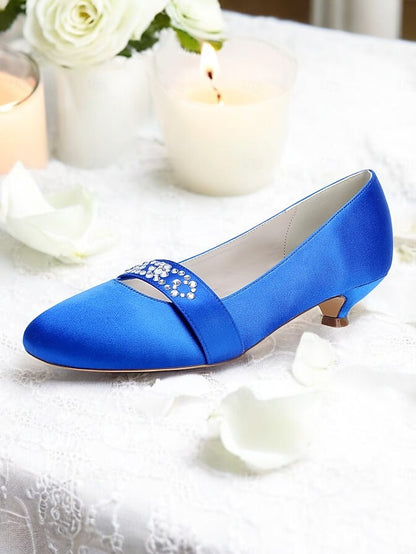 with Kitten Heels Women's Blue Satin Rhinestone