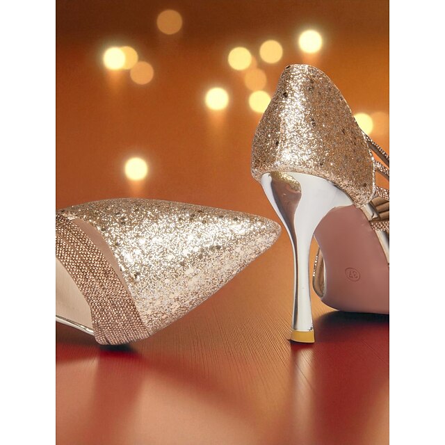 High Toe Glitter Women's - Pointed Strappy Gold Heels