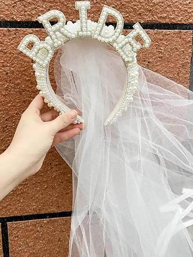 'BRIDE' with Headband Veil – Pearl-Embellished